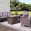 patio set with fire pit