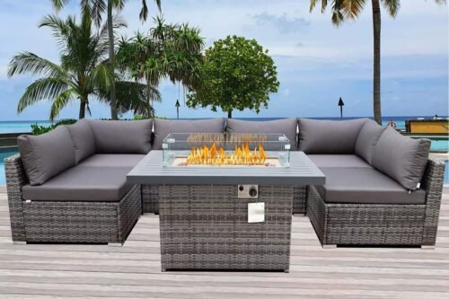 patio set with fire pit