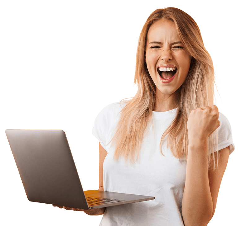 excited sales woman holding a laptop Outdoor Furniture Supplier