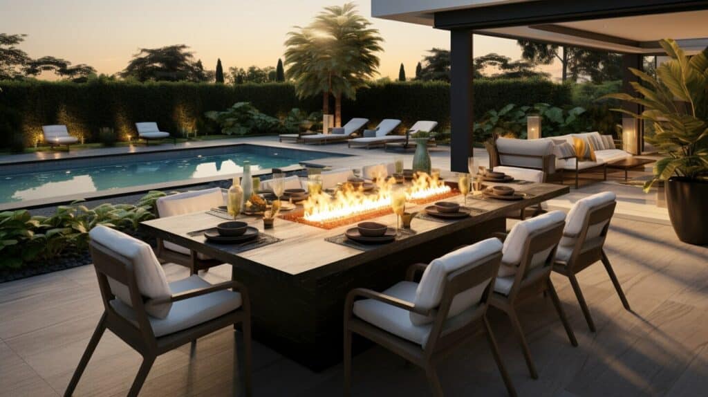 outdoor dining table with fire pit
