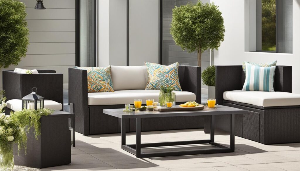 outdoor sofa table with stools
